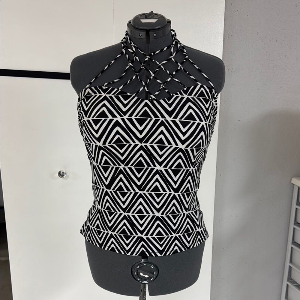 Black and White Geometric Tankini Halter Top